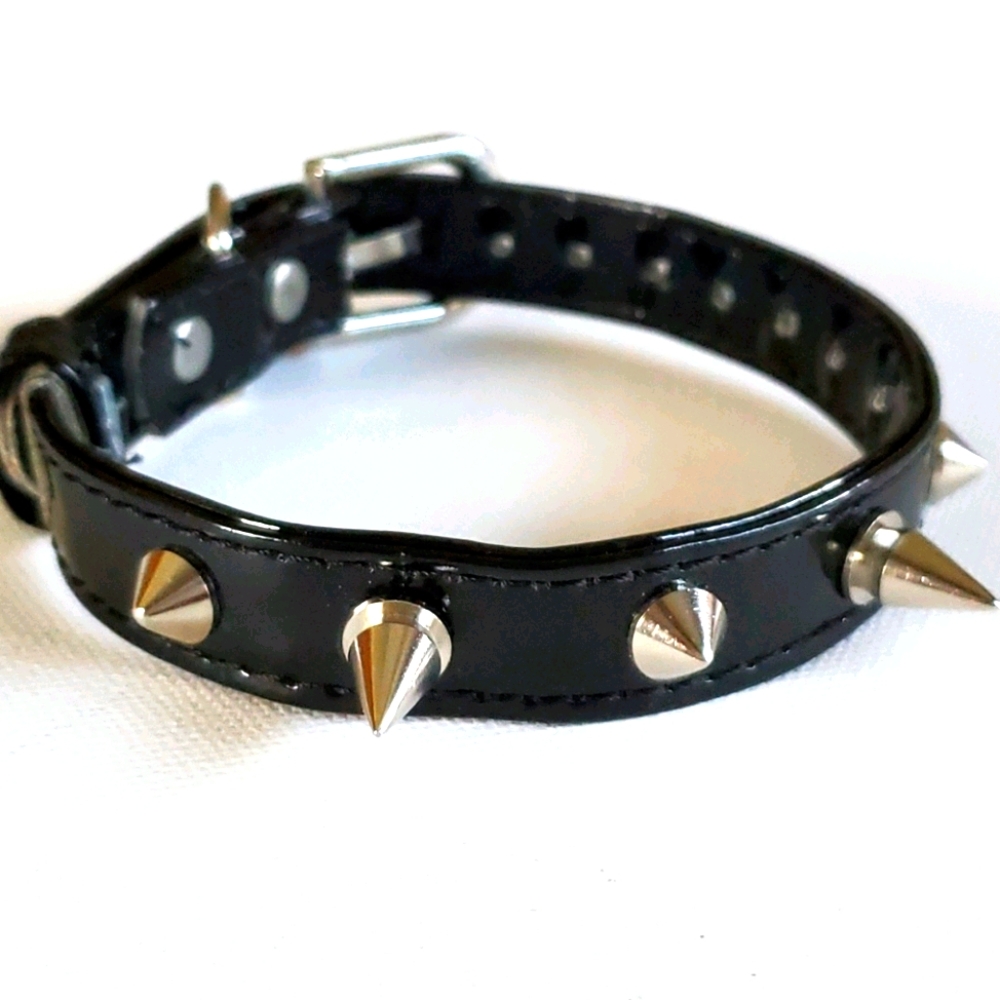 Dog Collar Black Faux Patent Leather w/Real Spikes